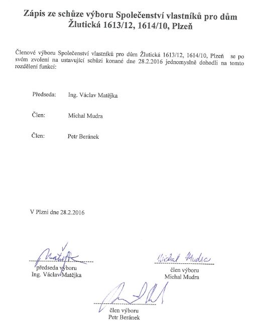 Zápis ze schůzky výboru SVJ - volba předsedy - 28.2.2016